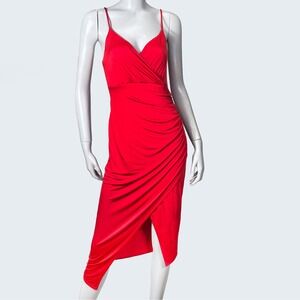 VTG Y2K Bebe Red Asymmetrical Midi Dress Size 4 Ruched Wrap Spaghetti Strap‎
